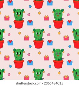 Árbol ecológico de cactus de Navidad. En estilo groovy psicodélico. 