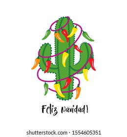 
Christmas cactus with a garland of chili peppers. Feliz Navidad  (Merry Christmas). Holiday Invitation. Vector illustration.