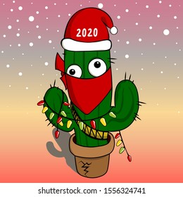 Christmas cactus in a hat 2020 with a garland. Christmas picture.