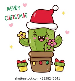 Christmas cactus santa claus cartoon kawaii vector winter season. X mas card (happy new year kids) fairy tale book. Perfect make a wish for celebration party children, princess party, pattern.