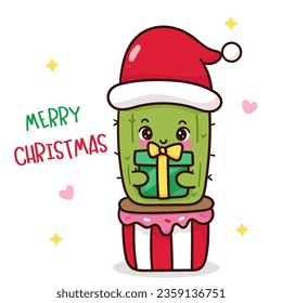 Christmas cactus santa claus cartoon and gift kawaii vector winter season. X mas card (happy new year kids) fairy tale book. Perfect make a wish for celebration party children, princess party,pattern.