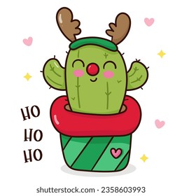 Christmas cactus santa claus reindeer cartoon kawaii vector winter season. X mas card (happy new year kids) fairy tale book. Perfect make a wish for celebration party children, princess party.