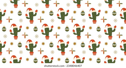 Christmas cactus seamless pattern with cacti in Santa hat, stars on white background. Tropical Christmas vector design. Winter holiday repeat illustration for gift wrapping paper, wallpaper, textile.