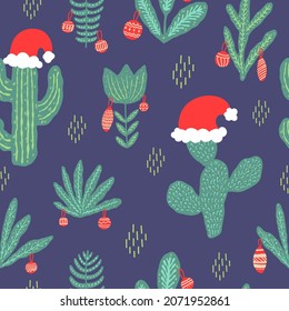 Christmas Cactus Seamless pattern with festive decorations on dark blue background. Tropical Christmas hand drawn vector illustration for gift wrapping paper design, greeting card, textile.