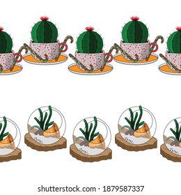 Christmas Cactus and Succulent Vector Seamless Horizontal Borders Set