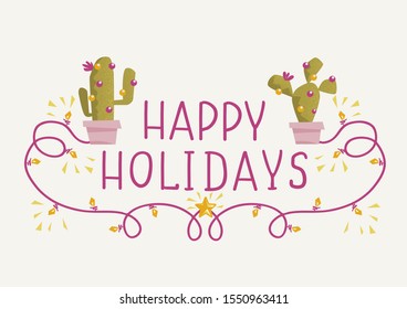 Christmas cactus text. Vector greeting card with holiday text. Happy green cactuses Christmas decoration on vector background illustration 