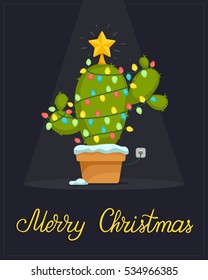 Christmas cactus tree decorated with lights and star on the top. Merry Christmas! Vector illustration 