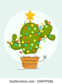 Christmas Cactus Tree With Lights. Vector Illustration 