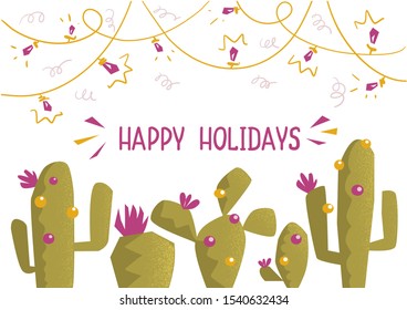 Christmas cactuses with text . Happy cactuses with Christmas decoration on vector background illustration 
