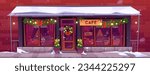 Christmas cafe decorated with garlands and fir trees. Vector cartoon illustration of urban coffee shop entrance, red curtains, tables, chairs seen through windows, snow on roof, holiday mood in city