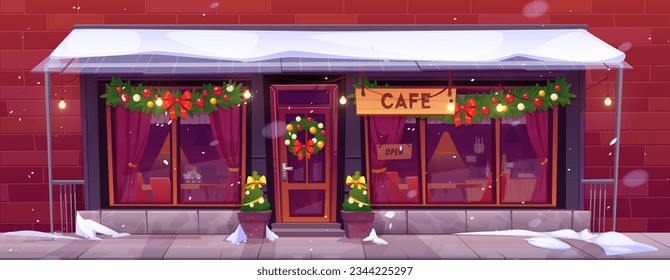 Christmas cafe decorated with garlands and fir trees. Vector cartoon illustration of urban coffee shop entrance, red curtains, tables, chairs seen through windows, snow on roof, holiday mood in city