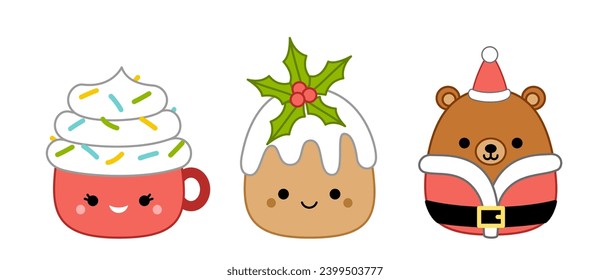 Christmas cake, bear Santa, red cup with cream. Squishmallow.  Pillow. Kawaii, cartoon. Isolated vector illustration eps 10