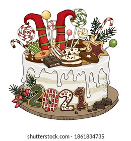 Christmas cake with candies, lollipops, cookies and the feet of the elf. Isolated vector composition, on a white background for the design of postcards, invitations, posters, labels, packaging, banner