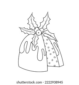 Christmas cake coloring page. Black and white Christmas cake. Color me. Isolated vector illustration eps