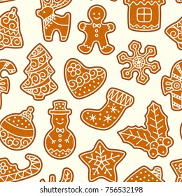Christmas cake cookie vector sweet desserts food traditional cakes for Xmas dinner and teatime cooked  tree, deer, cakeman, bell, house, sock and penguin. 2018 winter cakes seamless pattern background