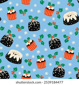 Christmas cake, cupcake, holly plant leaves and berries with snowflakes seamless pattern. Sweet food, dessert, recipe background for winter holiday season.