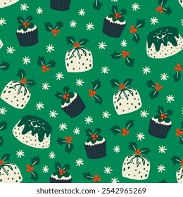 Christmas cake, cupcake, mistletoe leaves and berries with snowflakes fun seamless pattern. Sweet food, dessert, recipe background for winter holiday season.