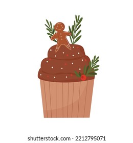 Christmas cake with decoration. Baked sponge dessert with christmas gingerbread man, firs, berries. Winter holiday cupcake. New Year food. Flat vector illustration isolated on white background.