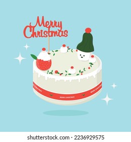 Christmas cake decoration. Baked sponge dessert with Xmas theme, snowman, berries. Winter holiday pie. New Year food. Flat vector illustration