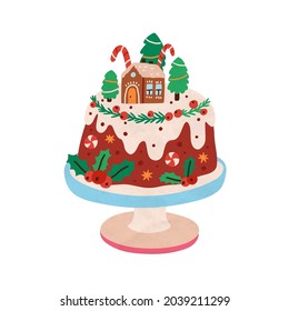 Christmas cake with festive decoration. Baked sponge dessert with Xmas stick, gingerbread house, firs, berries. Winter holiday pie. New Year food. Flat vector illustration isolated on white background