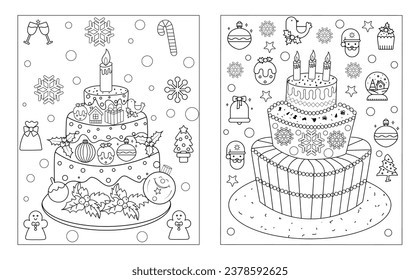 Christmas cake with festive decoration. Baked sponge dessert with Xmas stick, gingerbread house, firs, berries.