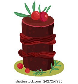 Christmas cake with festive decoration. Baked sponge dessert with Xmas  firs, berries. Winter holiday pie. New Year food. Flat vector illustration isolated on white background