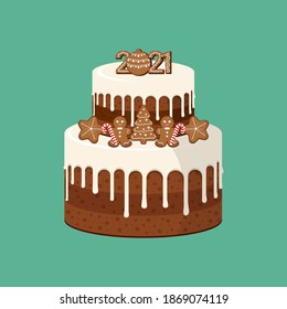 Christmas cake with gingerbread decoration 2021 and Christmas caramel cane. Green background. Vector illustration.