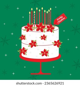 christmas cake greeting card on green color background