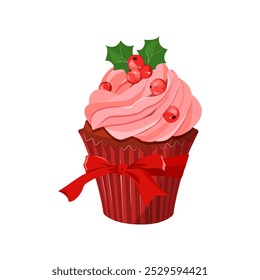 Christmas cake with holly berries and red bow on isolated background. Vector illustration. Christmas and New Year card template.