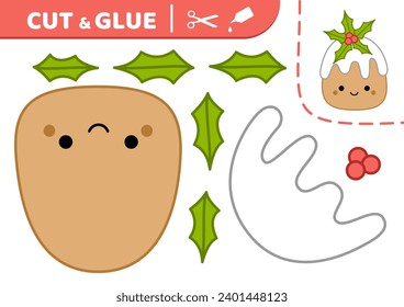 Christmas cake with holly. Cut and glue. Kawaii cake. Squishmallow. Applique. Paper education game. Kawaii, cartoon. Isolated vector illustration eps 