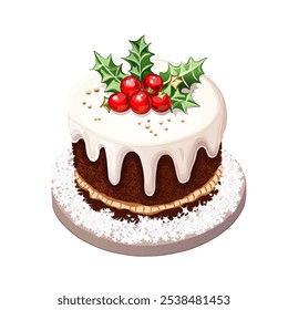 Christmas Cake with Holly and Icing
Festive Holiday Cake with White Drizzle. Christmas Dessert with Holly Decoration