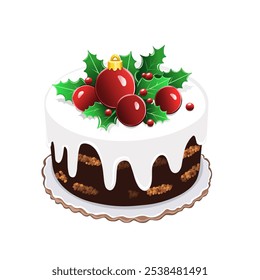 Bolo de Natal com Holly e Gelo
Bolo de Férias Festivo com Garoa Branca. Sobremesa de Natal com Decoração Holly