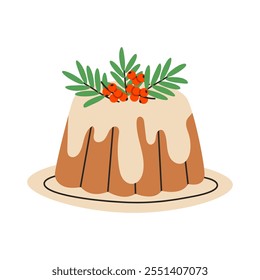 Christmas cake with holy berries. Festive Gingerbread Bundt Cake with Creamy Glaze and Cranberry Toppings. Flat vector illustration isolated on white background.