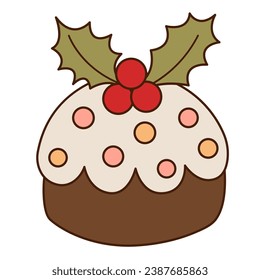 Christmas cake isolated on white background. Merry Christmas and Happy New Year groovy sticker. Funny retro flat cartoon element in trendy 60s-70s style. 