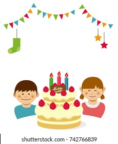 Christmas cake and kids illustration. No text (text space)