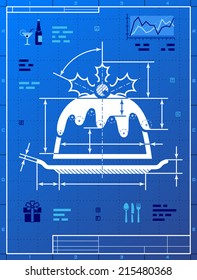 Christmas cake like blueprint drawing. Stylized drafting of pudding on blueprint paper. Vector illustration for christmas, holiday meals, recipes, new year's day, cooking, silvester, food, etc