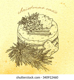 Christmas cake, the linear graphic on a sepia background, vector illustration