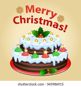 Christmas cake on platter with decorations, traditional dessert. Vector illustration