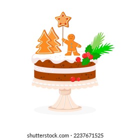 Christmas cake on stand. Biscuit chocolate cake with white cream and festive decor of gingerbread Christmas trees, man, star, leaves and berries. Vector illustration on white background.