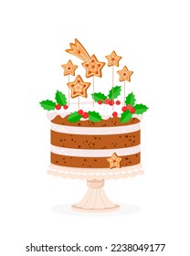 Christmas cake on stand. Biscuit-chocolate cake with white cream and festive decor of gingerbread in form of stars, leaves and berries. Vector illustration isolated on white background.
