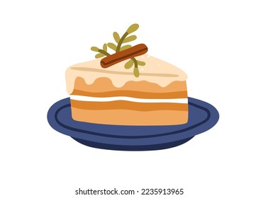 Christmas cake piece. Winter dessert served on plate. Sweet patisserie slice with vanilla layers and cream, decorated with cinnamon stick, icing. Flat vector illustration isolated on white background