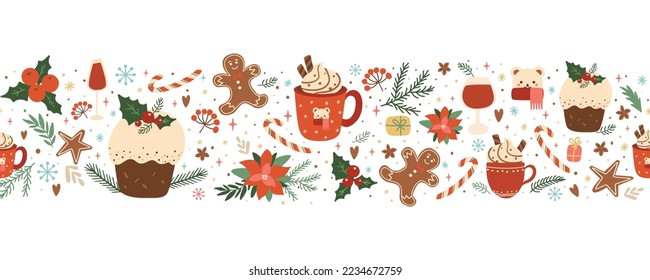 Christmas cake, pudding, food, coffee, gingerbread seamless border with winter holiday floral decorative elements. Baked Christmas dessert, hot winter drink. Horizontal repeat vector illustration