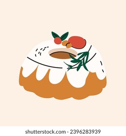 Christmas cake pudding isolated on beige background. Tasty Cute winter holiday pie with holly berry and rosemary food vector illustration. Tasty Baked winter dessert