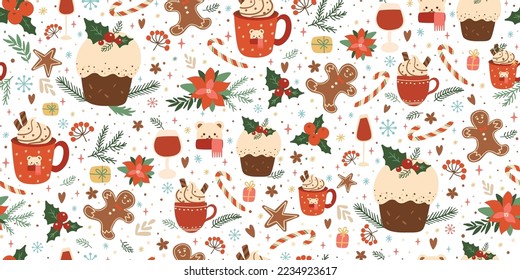 Christmas cake seamless pattern. Traditional Christmas pudding, food, tea in cup, gingerbread repeat background, wallpaper, textile, fabric, surface design for winter holiday. Vector illustration