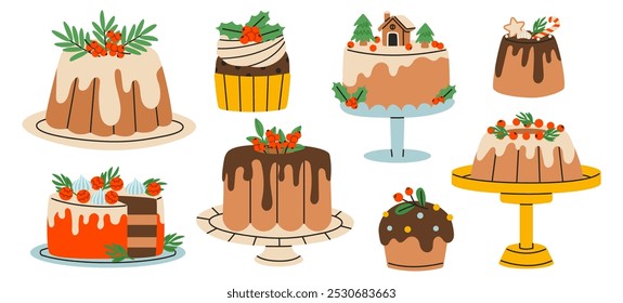 Christmas cake set. Collection of Christmas cakes or cute winter holiday pies with holly berries. Holiday pudding. Flat vector illustration isolated on white background.