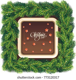 Christmas cake in the shape of a wreath. Christmas tree branches frame. Vector background invitation with fir, pine and stars. Winter retro holiday card