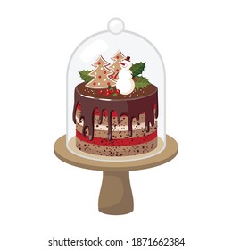 Christmas Cake With A Snowman And Chocolate Icing On A Stand. Vector, Isolated, White Background.