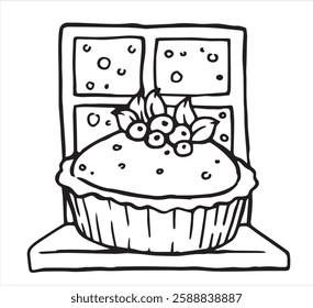 Christmas cake stands by the window. vector illustration in doodle style