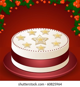 Christmas cake with stars and ribbon on red background with holly