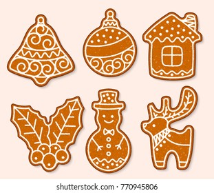 Christmas cake vector sweet desserts food traditional cakes for Xmas dinner and teatime - tree, deer, cakeman, bell, house, sock and penguin illustration